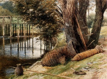 マイルズ・バーケット・フォスター RWS Painting - 川のほとりのうなぎの壺の風景 ビクトリア朝のマイルズ・バーケット・フォスター